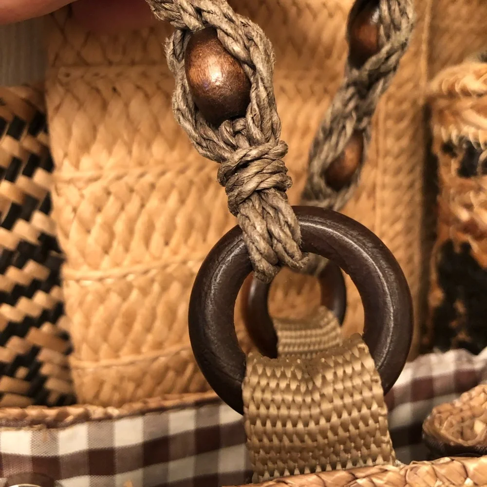 Vintage Croft & Barrow Straw Handbag with Macrame Wooden Bead Handle